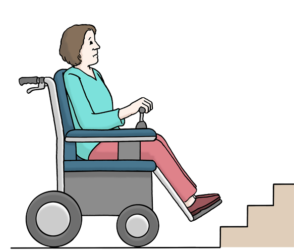Eine Person mit einem Rollstuhl steht vor einer Treppe.